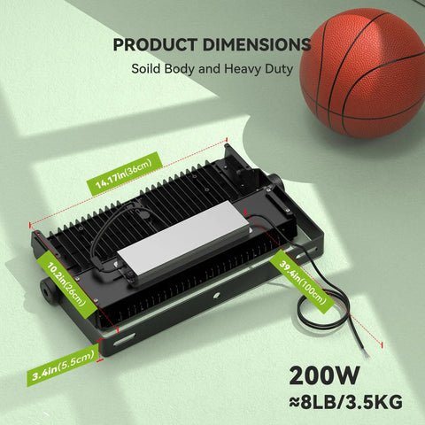 Hella Bright 150W LED Flood Light Outdoor 13500 Lumens showing dimensions and weight next to basketball, solid build