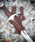 Medieval Leather Sword Frog Holster For Dagger Rapier And Sabre Props on textured stone surface, showing lacing detail