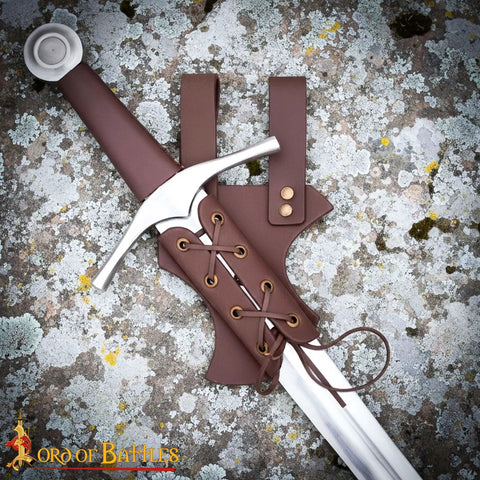 Medieval Leather Sword Frog Holster For Dagger Rapier And Sabre Props on textured stone surface, showing lacing detail