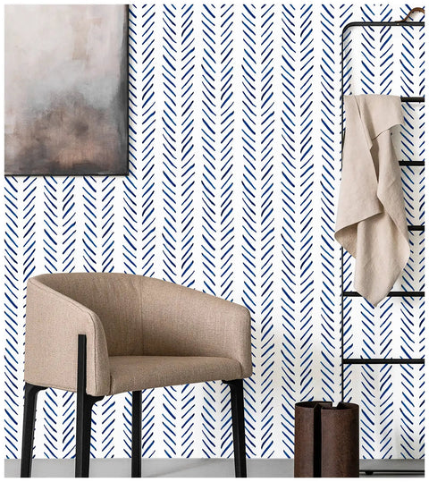 Boho Peel And Stick Wallpaper Stripe Removable Navy And White Chevron Vinyl Contact Paper Mural for Bathroom Decor behind chair