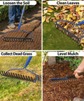 Heavy Duty Metal Garden Bow Rake With Adjustable 34 To 60 Inch Handle 14 Sharp Tines For Quick Soil Loosening Mulch Leveling Leaf Cleanup Back Saving Long Reach Rake For Lawn Care showing use in different tasks