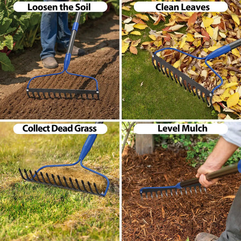 Heavy Duty Metal Garden Bow Rake With Adjustable 34 To 60 Inch Handle 14 Sharp Tines For Quick Soil Loosening Mulch Leveling Leaf Cleanup Back Saving Long Reach Rake For Lawn Care showing use in different tasks