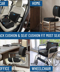 Doctor Recommended Memory Foam Seat Cushion For Office Chairs And Cars, Ergonomic Tailbone Pain Relief And Sciatica Support, back and seat cushions on various chairs and car seat.
