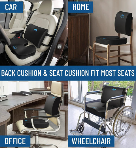 Doctor Recommended Memory Foam Seat Cushion For Office Chairs And Cars, Ergonomic Tailbone Pain Relief And Sciatica Support, back and seat cushions on various chairs and car seat.