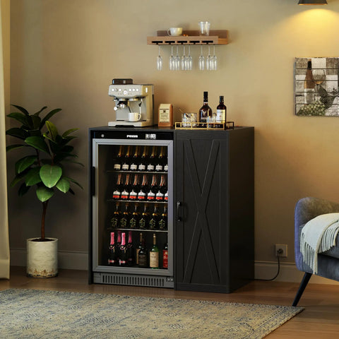 Mini Fridge Cabinet With Storage And Power Outlet For Your Coffee Bar Setup, Fits A 24 Inch Wine Fridge, 3 Tier Organizer in kitchen