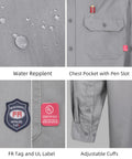 Close-up of Men Lightweight Flame Resistant Cotton Twill Work Shirt Water Repellent showing water droplets on fabric.