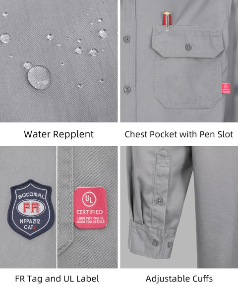 Close-up of Men Lightweight Flame Resistant Cotton Twill Work Shirt Water Repellent showing water droplets on fabric.
