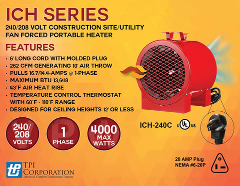 ICH240C Series Heavy Duty Portable Heater for Construction Sites and Job Sites, Fan Forced Heat at 4000 3000 Watts image.