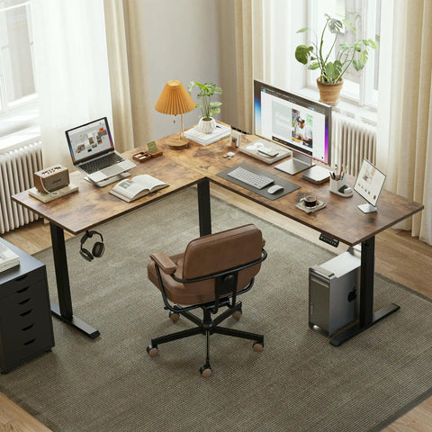 Electric Adjustable L Shaped Standing Desk 63 By 55 Inches Corner Sit Stand Computer Table With Splice Board Rustic Brown Finish