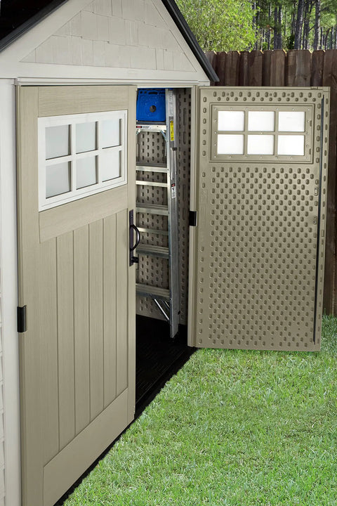 7x7 Weatherproof Outdoor Storage Shed For Garden Tools And Lawn Gear With Lockable Double Doors Sandstone Finish