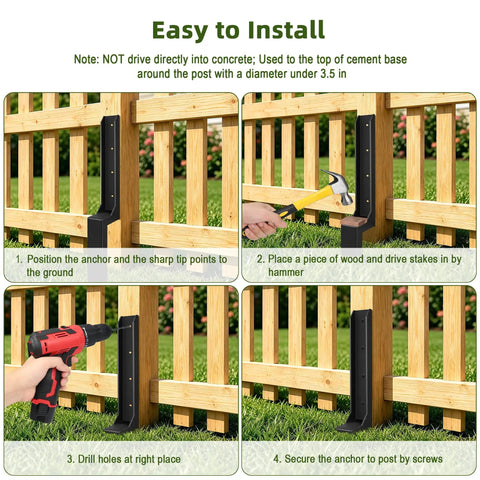 Heavy Duty Fence Post Repair Kit With Rock Solid H Shaped Steel Extenders And Dead Simple Ground Spike Anchors To Keep Your Outdoor Boundary Posts Upright installation guide showing steps to secure fence post with anchors.