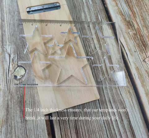Bowtie Router Template Kit For Woodworking One Quarter Inch Thick Acrylic Jig With Star Inlay, 7 In 1 DIY Routing Template on wood surface