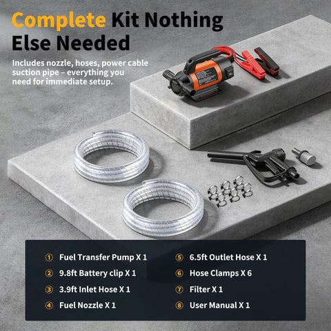 Complete Heavy Duty 12V Electric Fuel Pump Kit featuring a slick 15 gallon per minute flow rate with included hoses and nozzle.