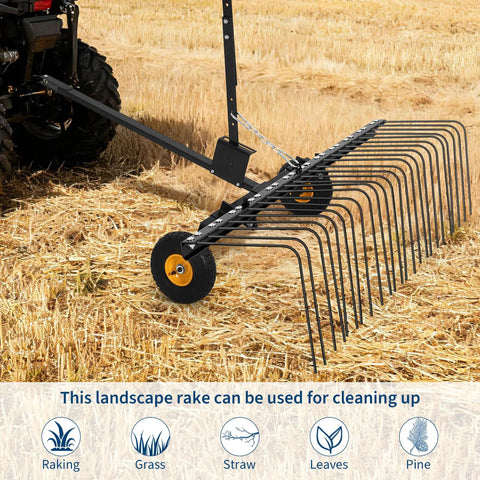 60 Inch Tow Behind Lawn Dethatcher with 24 Heavy Duty Spring Steel Tines in use on a dry field behind a lawn tractor.