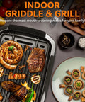 Bakers Friend 2 In 1 Electric Indoor Griddle And Grill With Reversible Non Stick Plate showcasing grilled meats and vegetables.