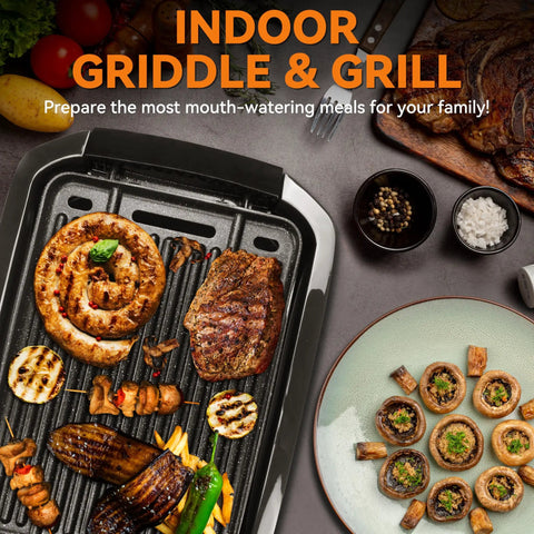 Bakers Friend 2 In 1 Electric Indoor Griddle And Grill With Reversible Non Stick Plate showcasing grilled meats and vegetables.