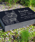 Personalized Pet Memorial Stone With Photo For Dogs And Cats Custom Headstone And Garden Marker With Image For Remembrance Engraved Puppy And Kitten Memorial Plaque For Cremation featuring engraved dog on black granite