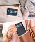 Leather Slim Minimalist Wallet With RFID Protection For Men And Women Front Pocket Card Holder In Ebony Everyday Carry Essential Durable Card Wallet For Cards And Cash Easy Access shown in pocket and handbag