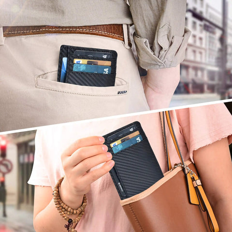Leather Slim Minimalist Wallet With RFID Protection For Men And Women Front Pocket Card Holder In Ebony Everyday Carry Essential Durable Card Wallet For Cards And Cash Easy Access shown in pocket and handbag