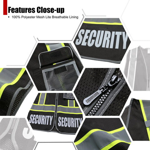 Close-up of Reflective Security Vest For Men And Women With 5 Pockets Front Zipper Mesh High Visibility ANSI ISEA 107 2015 Black XL