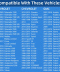 Vehicle compatibility list for Locking Gas Cap Replacement for Chevy and GMC models, including Silverado, Camaro, and Acadia.