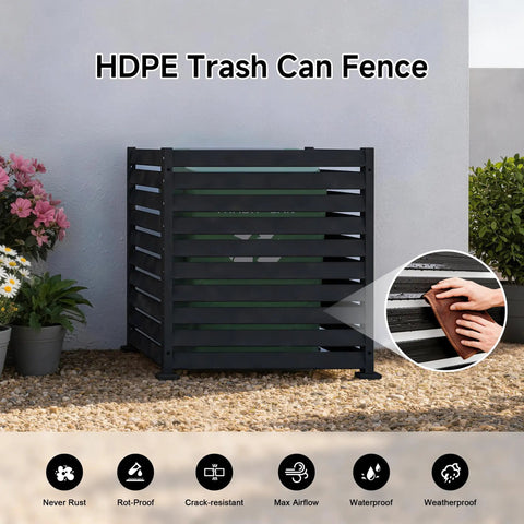 Outdoor HDPE Privacy Fence Panels, 3 Pack, 42 Inch High By 38 Inch Wide, All Weather Privacy Screen For AC Unit And Trash Can Enclosures, no dig design shown in garden setting