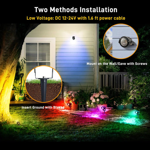 Christmas RGBW Landscape Spotlight 12W Outdoor Color Changing Yard Lights illuminating garden with wall mount installation