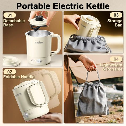 Grab And Go Portable Travel Kettle 600ml With Foldable Handle Electric Kettle Food Grade Stainless Steel Collapsible Water Boiler Dual Modes Compact Kettle For RV Camping Beige Design