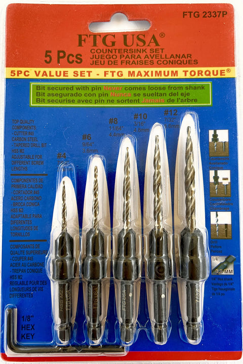 FTG USA Countersink drill bit set, 5 pieces (#4,#6,#8,#10,#12) for woodworking, front view