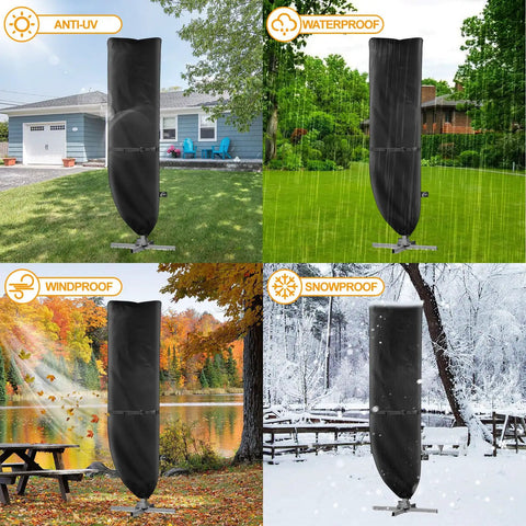 Heavy Duty Patio Umbrella Cover For 9 To 13 Ft Cantilever Umbrellas With Zipper And Support Pole shown in four seasons.