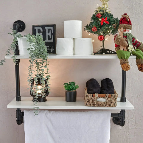 Floating Wall Shelves With Towel Bar, Industrial Pipe Shelving, Super Sturdy 30 Inch Solid Wood Over Toilet Bathroom Shelves, Rustic Farmhouse Wall Shelves For Kitchen And Living Room, 2 Tier with decor items and towel