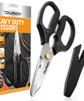 Heavy Duty Multipurpose Scissors For Home And Workshop Cut Leather Cardboard Carpet Plastic Rope Meat Poultry Bones Kitchen Shears For DIY Garden Garage Projects Designed For Tough Daily Use By Pros And DIY Folks And Home Makers. Stainless steel L-size scissors with serrated blades and wire cutter.