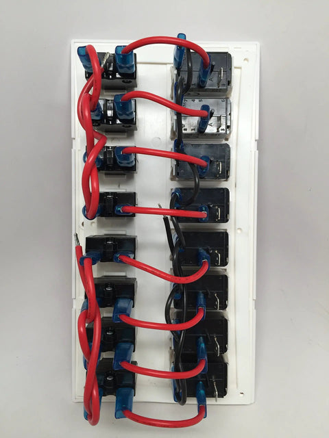 Back view of 8 Gang White Boat Switch Panel With Blue LED Indicator Rocker Circuit Breaker Splashproof Marine Panel Made From UV Stabilized Plastic UL Approved 9.25 Inches By 4.75 Inches Includes 40 Preprinted Labels