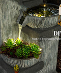 Close-up of Four Tier Outdoor Water Fountain With LED Lights, 33.5 Inch Tall Resin Cascading Bowls with succulents