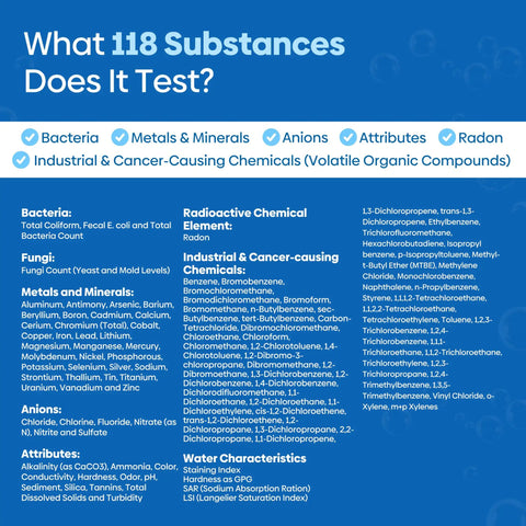 No Sweat Home Water Test Kit That Screens 118 Contaminants Like Heavy Metals Lead And Nitrates With Prepaid Mailing Box And Certified Lab Analysis For Rock Solid Tap Or Well Safety, list of tested substances.