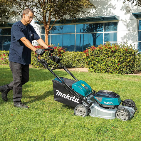 Pro Grade 21 Inch Cordless Self Propelled Lawn Mower being used on grass by a person, showcasing its brushless motor and aluminum deck.
