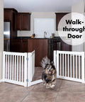 360 Hinges Freestanding Dog Gate With Walk Through Door For Home Use Up To 76 Inches Wide shown in a kitchen setting