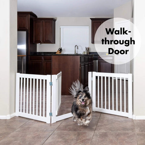 360 Hinges Freestanding Dog Gate With Walk Through Door For Home Use Up To 76 Inches Wide shown in a kitchen setting