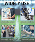 Four images showing uses of Flexible Polyurethane Recoil Air Hose, One Quarter Inch Inner Diameter, Ten Feet Blue With Bend Restrictor