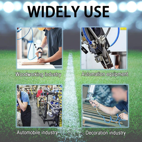 Four images showing uses of Flexible Polyurethane Recoil Air Hose, One Quarter Inch Inner Diameter, Ten Feet Blue With Bend Restrictor