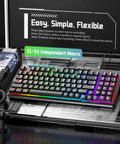 94 Key Wired RGB Gaming Keyboard Delivering Crisp Mechanical Feel And Snappy Anti Ghosting Action Alongside Four Custom Macro Keys And Large Numpad For A Truly Squad Approved Desk Setup in a sleek black setup with macro instructions.