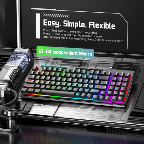 94 Key Wired RGB Gaming Keyboard Delivering Crisp Mechanical Feel And Snappy Anti Ghosting Action Alongside Four Custom Macro Keys And Large Numpad For A Truly Squad Approved Desk Setup in a sleek black setup with macro instructions.