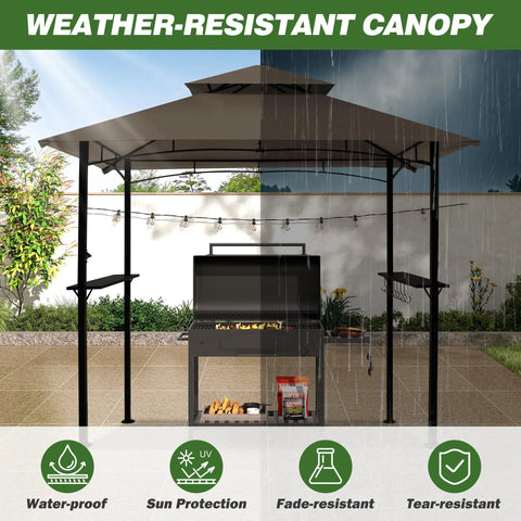 8x5 Ft Outdoor Grill Gazebo With Double Roof Canopy And LED Lights, 2 Side Shelves For Easy BBQ Setup, Patio Pergola Shelter