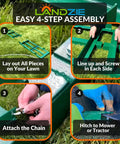 Tow Behind Drag Harrow Driveway Grader For Riding Mowers assembly steps on grass with hands and tools visible