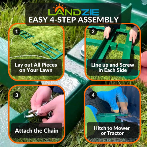 Tow Behind Drag Harrow Driveway Grader For Riding Mowers assembly steps on grass with hands and tools visible