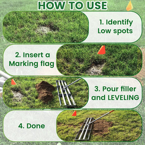 Instructions for using 2-In-1 Lawn Leveling Rake With Flat And Serrated Sides, 48-Inch Heavy-Duty Stainless Steel, with marking flags