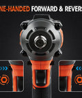 Heavy Hitter One Half Inch Cordless Impact Wrench Boasts 405 Ft Lbs Raw Torque With Silent Brushless Motor And 2800 Rpm Kick Comes Loaded With Fast Charge Battery, showing one-handed forward and reverse controls.