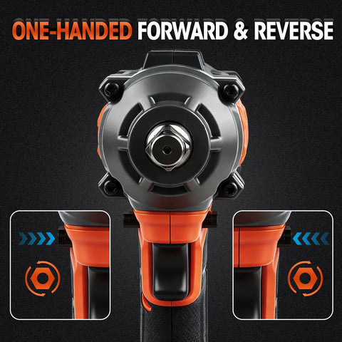 Heavy Hitter One Half Inch Cordless Impact Wrench Boasts 405 Ft Lbs Raw Torque With Silent Brushless Motor And 2800 Rpm Kick Comes Loaded With Fast Charge Battery, showing one-handed forward and reverse controls.