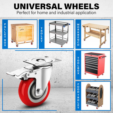 Heavy Duty 4 Inch Caster Wheels Set Of 4 With Brakes 2200 Lbs Load Capacity Lockable Cart Wheels 360 Degree Rotatable PU