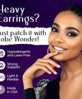 Smiling woman wearing heavy earrings with text promoting Clear Latex Free Ear Lobe Support Patch For Pierced Ears That Instantly Lifts And Protects Prevents Torn Or Stretched Lobes Nearly Invisible Earring Back Alternative For All Styles And Sizes 60 Patches.